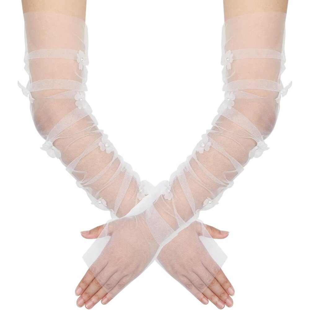 Women's Black Flower Long Mesh Sheer Tulle Pearl Gloves Wedding Party Prom